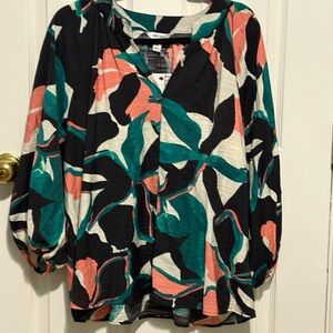 Nine West Black and Teal Floral Blouse